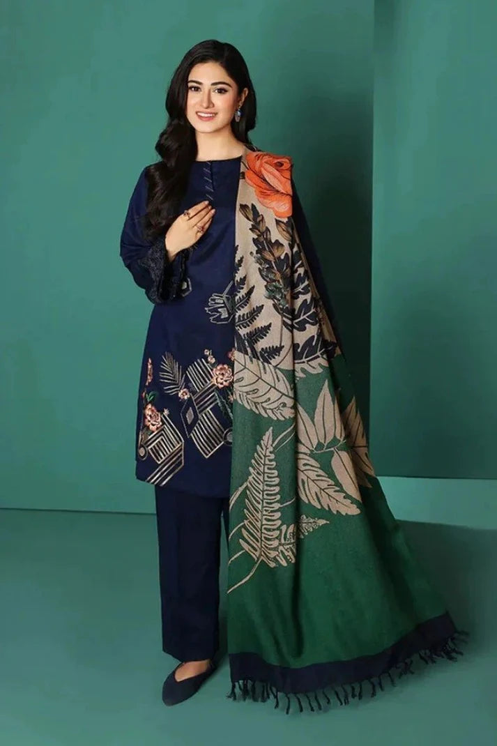 A+ 3PCS Dhanak-Embroidered Shirt with Digital Printed Wool Shawl Winter Collection ULM- 3208