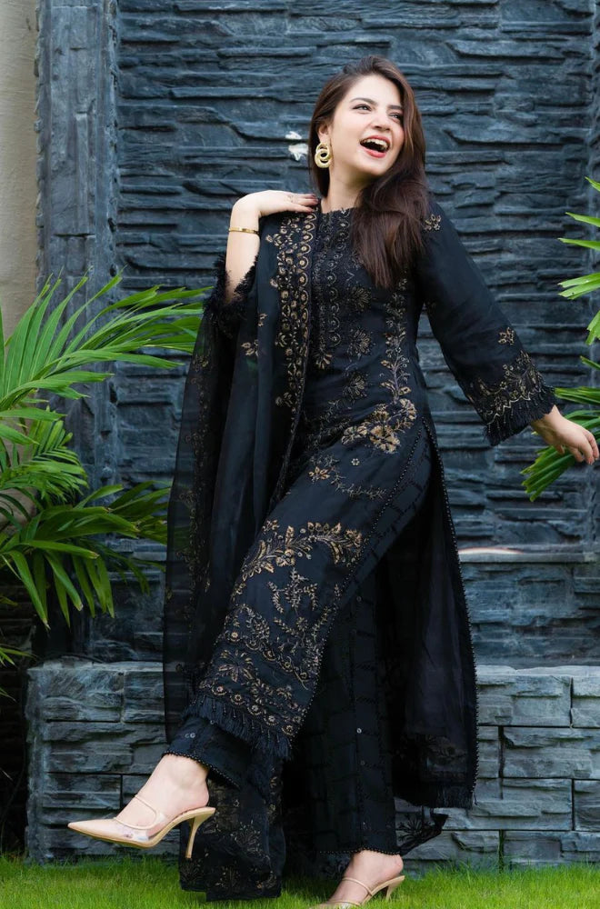 A+ 3PCS Black Linen Embroidered Shirt Winter Collection ULM-842