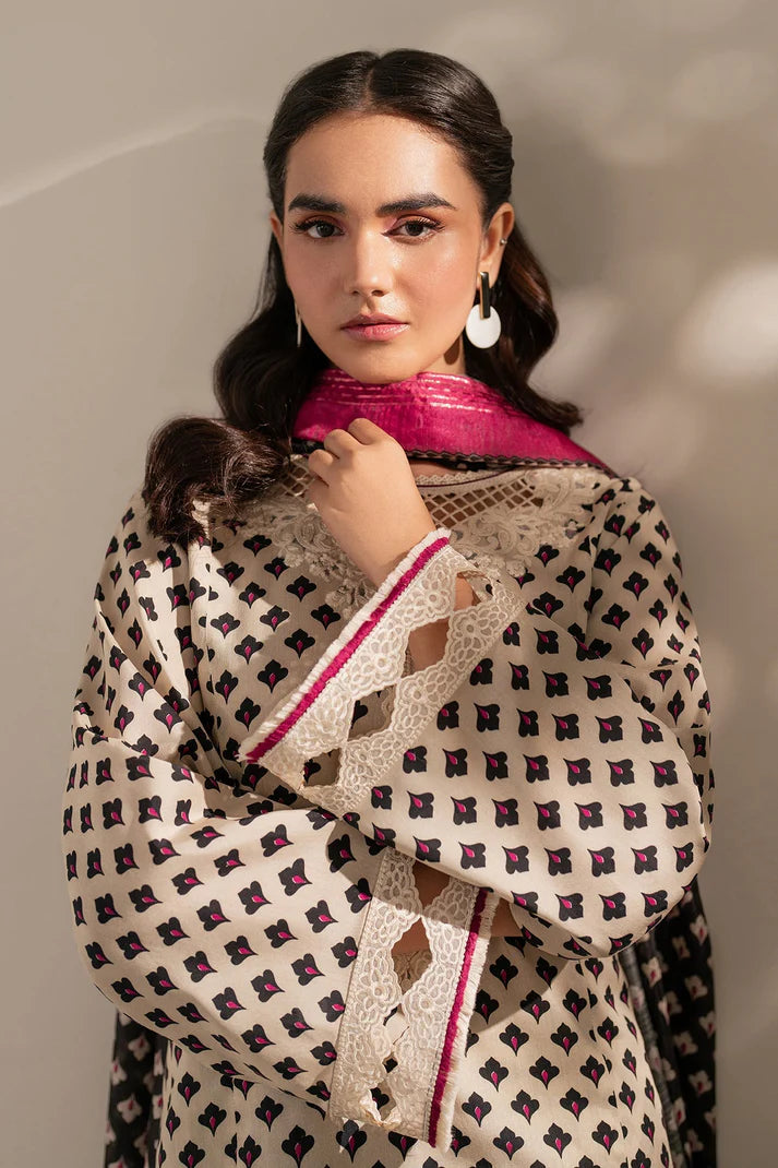 3PCS BAROQUE KARANDI PRINTED SHIRT WITH KARANDI PRINTED DUAPTTA AND TROUSER Winter Collection ULM - 1703
