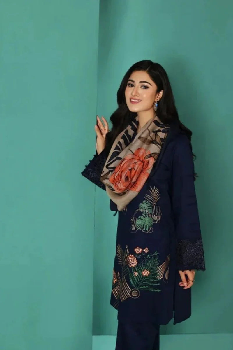 A+ 3PCS Dhanak-Embroidered Shirt with Digital Printed Wool Shawl Winter Collection ULM- 3208