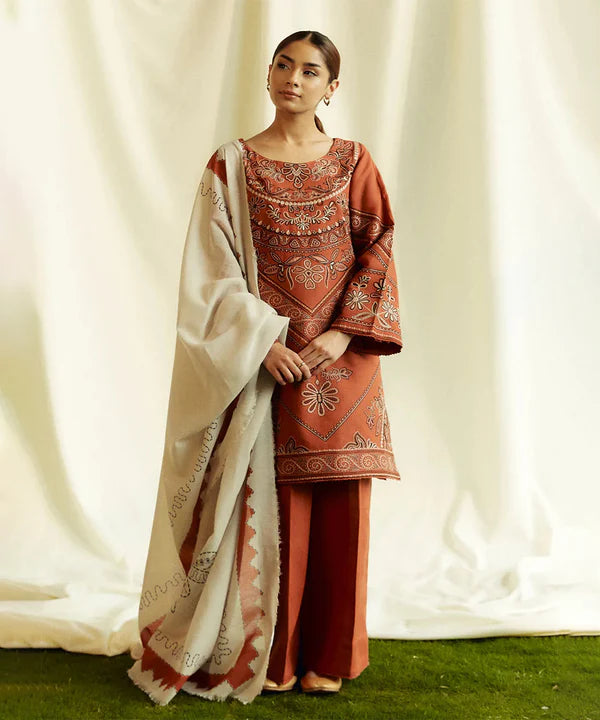 A+ 3PCS ZARA SHAHJAHAN Dhanak Embroidered Shirt With Digital Printed Shawl Winter Collection ULM-280