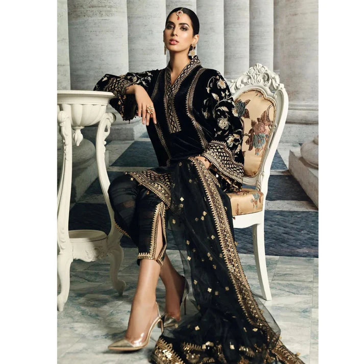 3PCS Velvet Embroidered Dress With Organza Embroidered Shawl Velvet Winter Collection 969