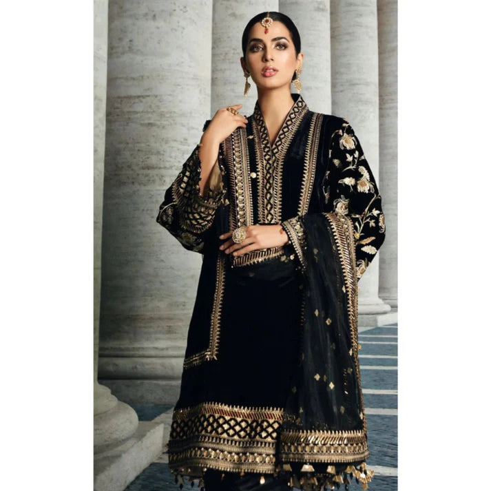 3PCS Velvet Embroidered Dress With Organza Embroidered Shawl Velvet Winter Collection 969