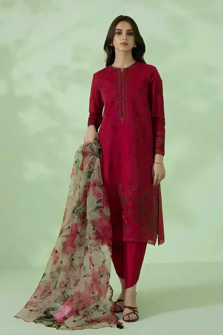 A+ 3PCS Dhanak-Embroidered Shirt with Organza Digital Printed Dupatta Winter Collection ULM- 3146