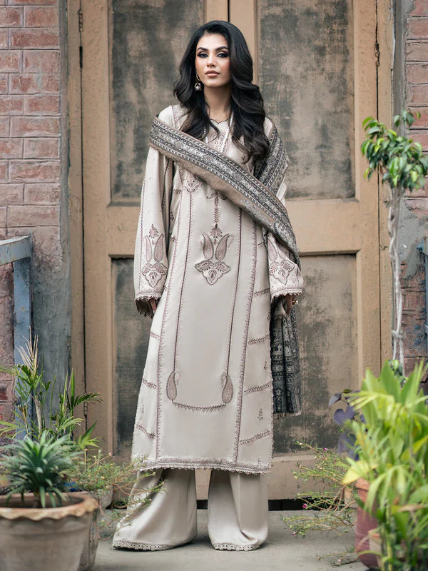 A+ 3PCS IZEL MUSAFIR Dhanak Embroidered Shirt With Digital Printed Shawl Winter Collection BULM-257