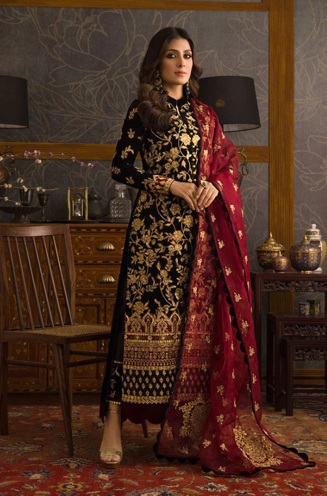 3PCS Velvet Embroidered Shirt With Organza Embroidered Dupatta Velvet Winter Collection 299
