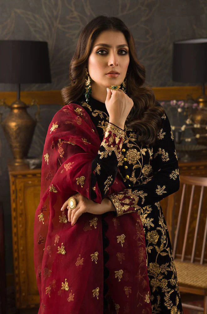 3PCS Velvet Embroidered Shirt With Organza Embroidered Dupatta Velvet Winter Collection 299