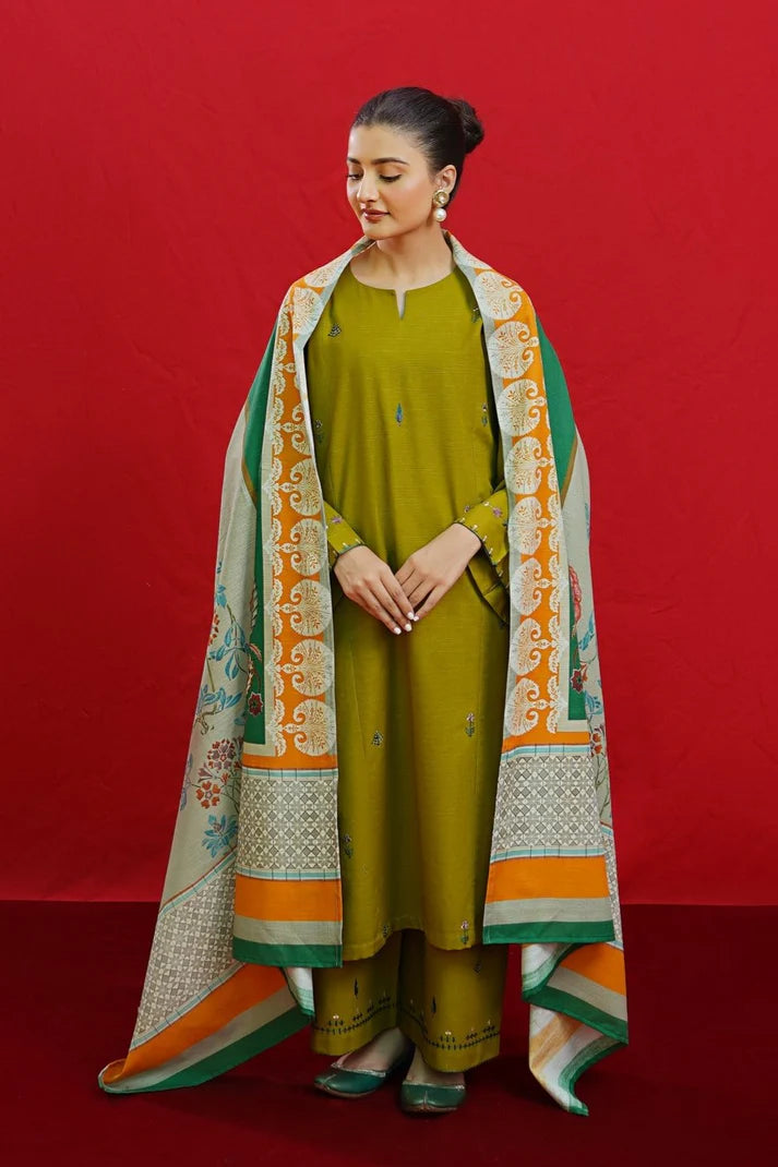 3PCS Embroidered Shirt with Digital Printed Jacquard Dupatta Lawn Collection ULM-1074
