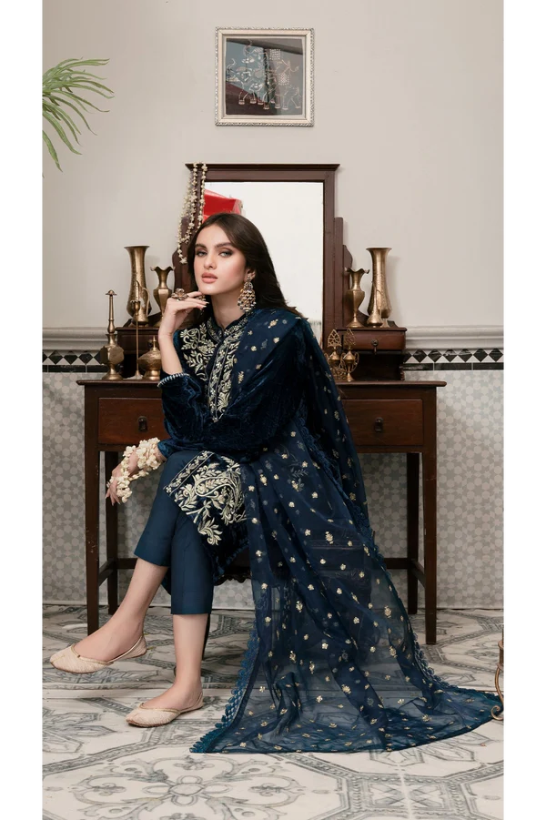 3PCS Embroidered Velvet 3-Piece Dress with Embroidered Organza Velvet Winter Collection 3055