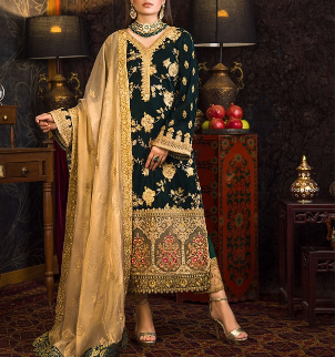 3PCS Velvet Embroidered Shirt With Organza Embroidered Dupatta Velvet Winter Collection 983