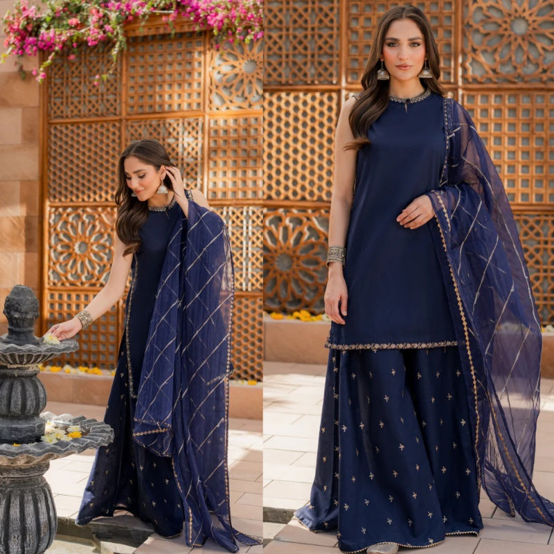 3PCS Dhanak Embroidered Shirt With Organza Embroidered Dupatta Winter Collection ULM-3354