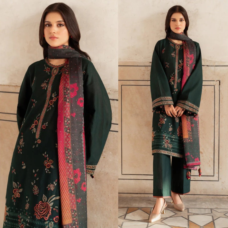 A+ 3PCS JAZMIN- Dhanak Embroidered Shirt With Digital Printed Shawl Winter Collection BULM-133