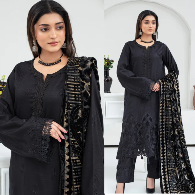 3PCS CREATION Dhanak Chikankari Embroidered Shirt With Velvet Plachi Shawl Winter Collection ULM- 2107