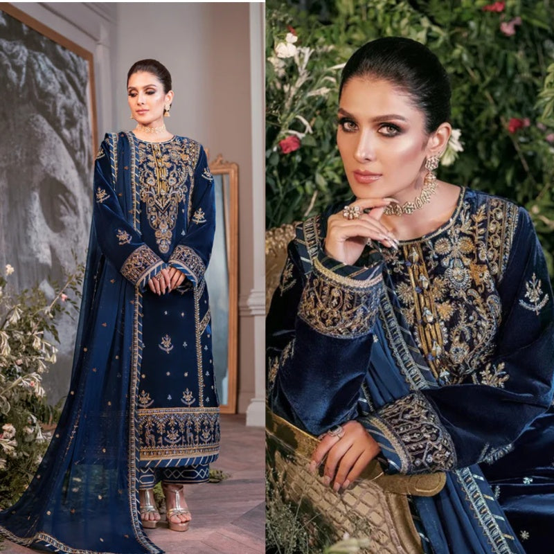 3PCS Embroidered Velvet With Embroidered Chiffon Dupatta Velvet Winter Collection-959