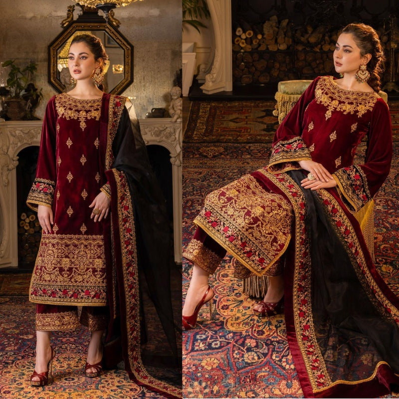 3PCS Velvet Embroidered Shirt With Organza Embroidered Dupatta Velvet Winter Collection 617