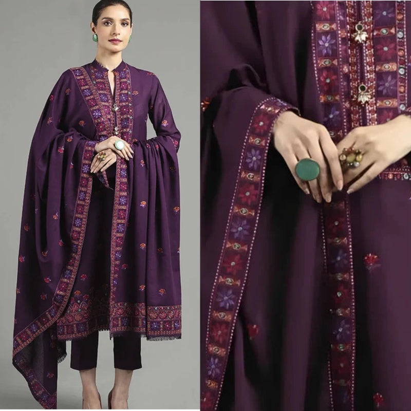 A+ 3PCS Dhanak Embroidered Shirt with Dhanak Embroidered Shawl Winter Collection ULM-3446