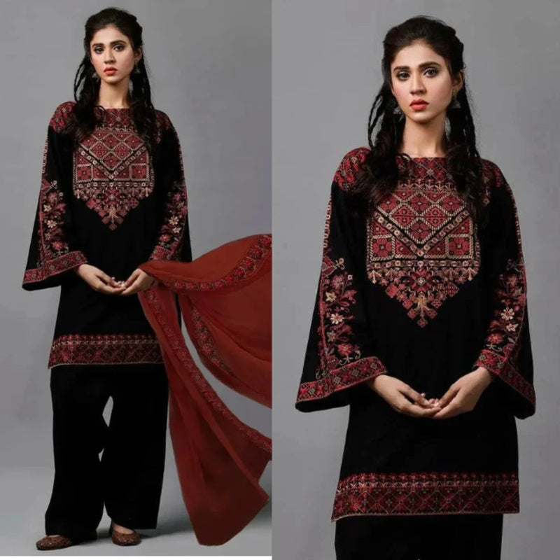 3PCS Linen Embroidered Shirt with Chiffon Embroidered Dupatta Winter Collection ULM-1009