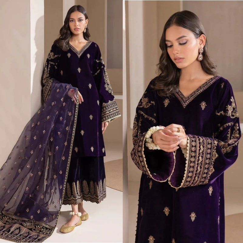3PCS Velvet-Embroidered with Organza Embroidered Dupatta Winter Collection ULM-953