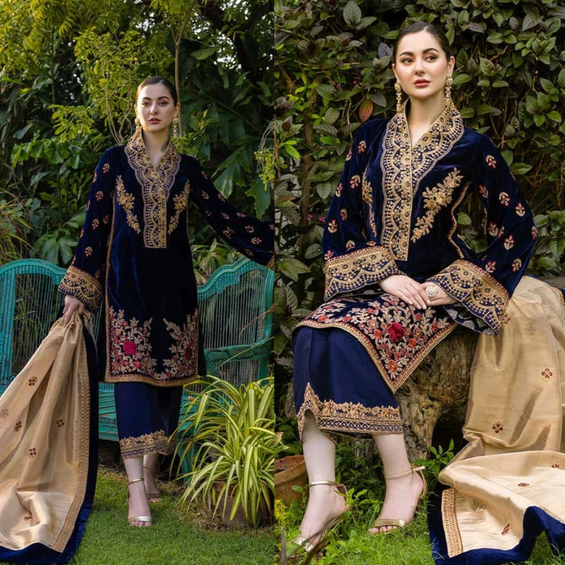 3PCS Velvet- Embroidered with Masoori Embroidered Dupatta Winter Collection ULM-954