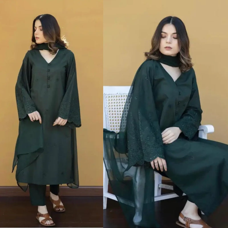 3PCS Dhanak Embroidered Shirt with Chiffon Plain Dyed Dupatta Winter Collection ULM-361