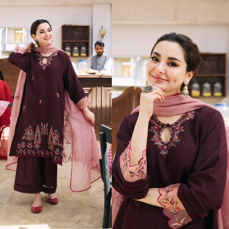A+ 3PCS Dhanak-Embroidered Shirt with Organza Embroidered Dupatta Winter Collection ULM- 3420
