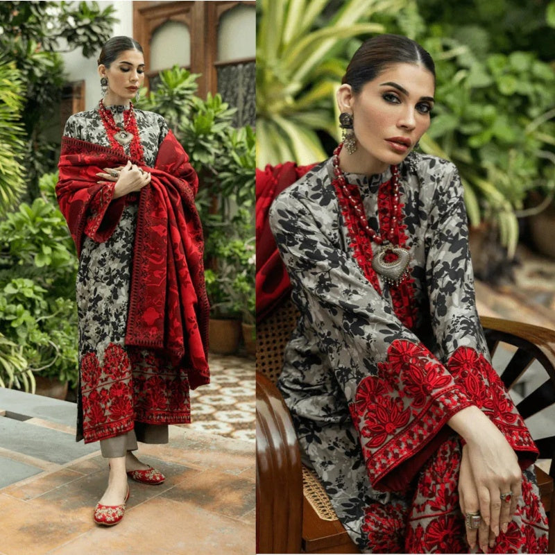 3PCS KARANDI PRINTED SHIRT WITH KARANDI PRINTED DUAPTTA AND TROUSER Winter Collection ULM-1710