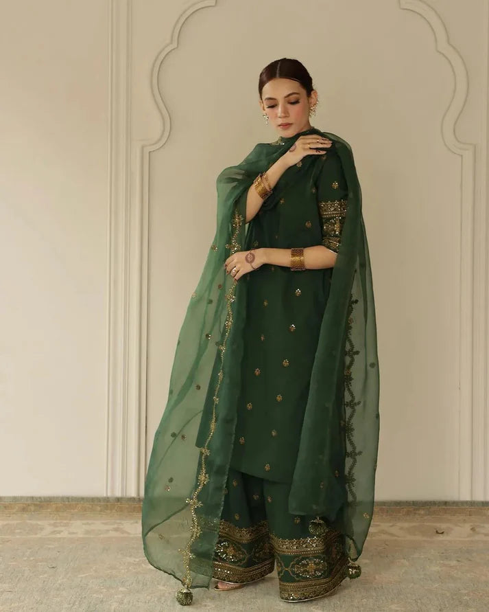3PCS Dhanak-Embroidered Shirt with Organza Sequence Embroidered Dupatta Winter Collection ULM- 3444