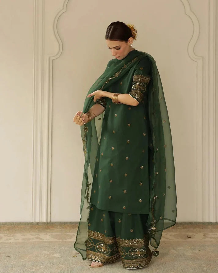 3PCS Dhanak-Embroidered Shirt with Organza Sequence Embroidered Dupatta Winter Collection ULM- 3444