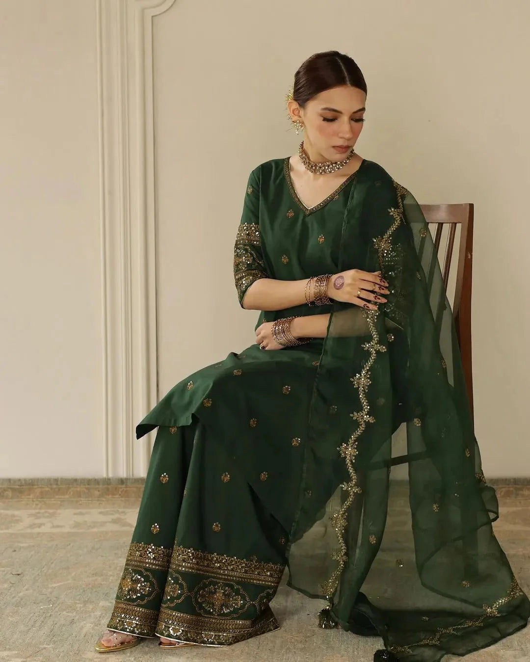 3PCS Dhanak-Embroidered Shirt with Organza Sequence Embroidered Dupatta Winter Collection ULM- 3444