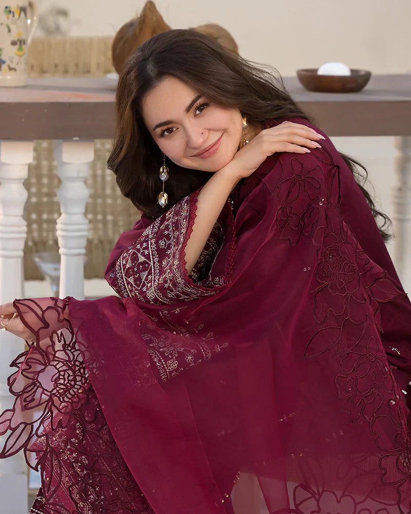 3PCS Dhanak- Embroidered Shirt with Organza Embroidered Dupatta Winter Collection ULM- 3285