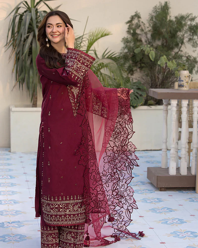 3PCS Dhanak- Embroidered Shirt with Organza Embroidered Dupatta Winter Collection ULM- 3285