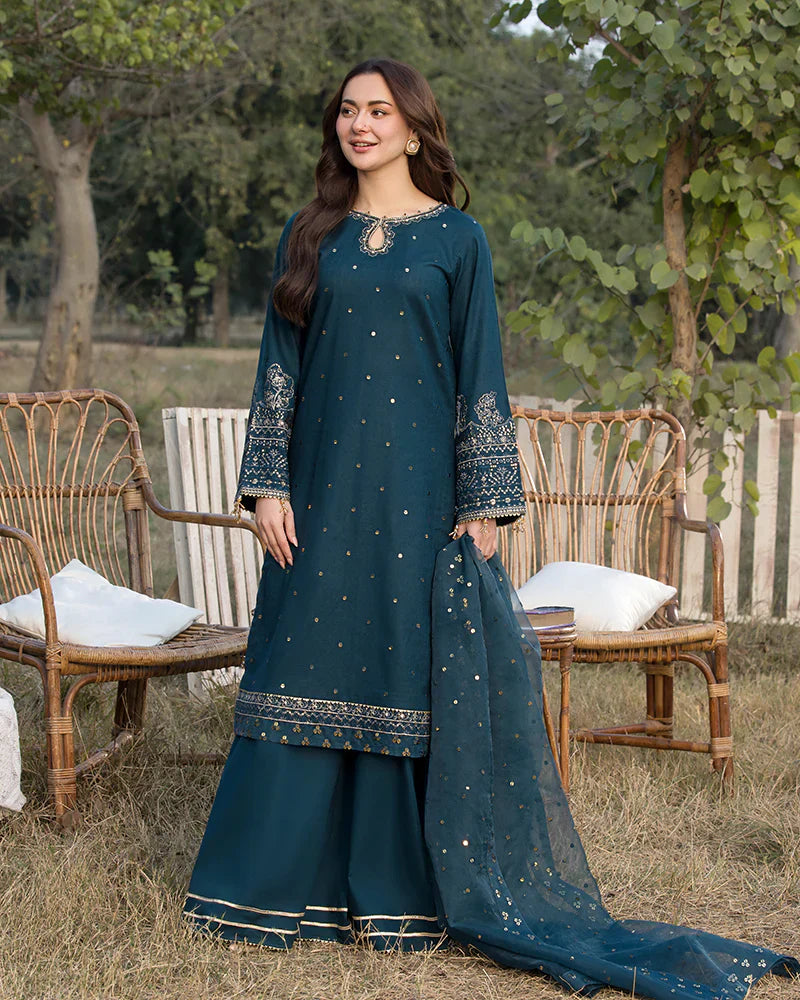 3PCS Dhanak Embroidered Shirt with Organza Embroidered Dupatta Winter Collection ULM- 3392
