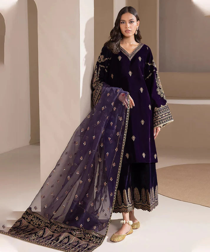 3PCS Velvet-Embroidered with Organza Embroidered Dupatta Winter Collection ULM-953