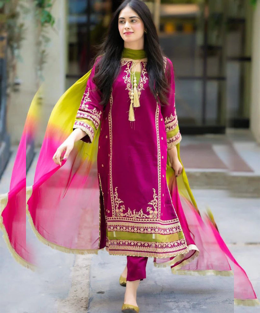 3PCS Omal By Komal Linen Embroidered With Chiffon Dye N Dye Dupatta Winter Collection ULM-1311