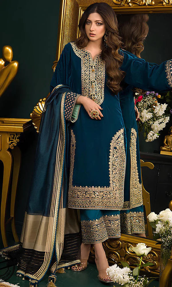 3PCS Velvet Embroidered Shirt With Organza Dupatta Velvet Collection- 300