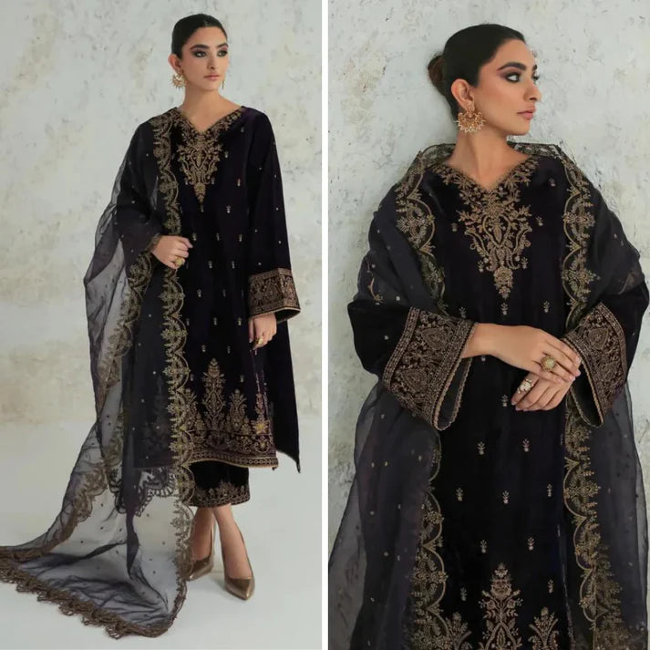 3PCS Velvet Dress With Embroidered Organza Dupatta Velvet Winter Collection 966