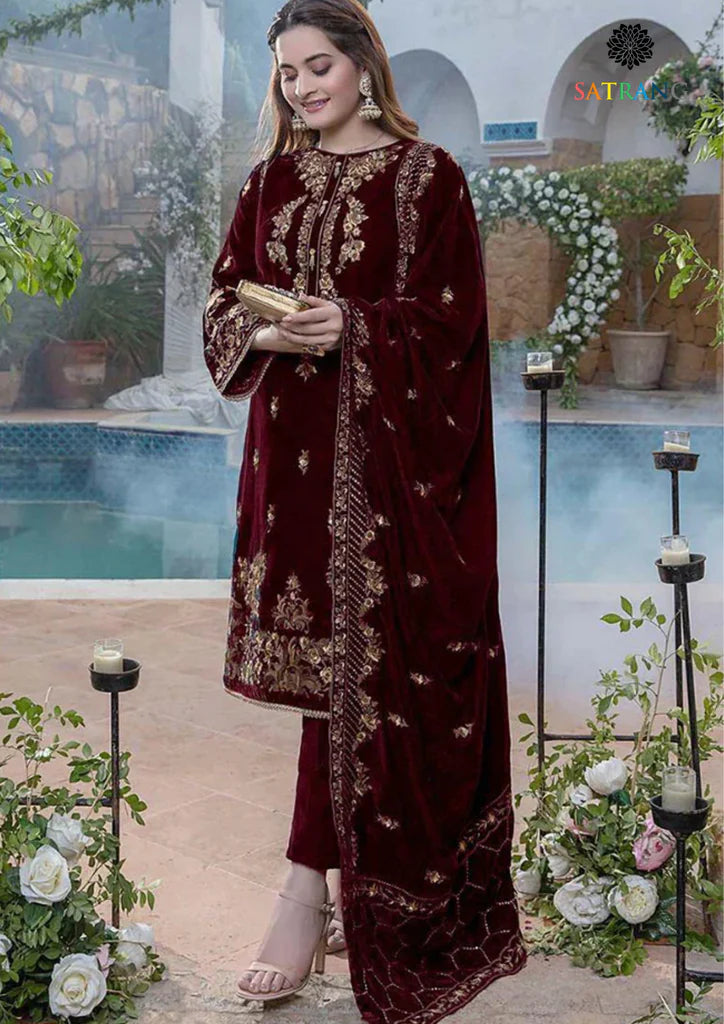 3PCS Embroidered Velvet Dress With Velvet Shawl Velvet Collection-970