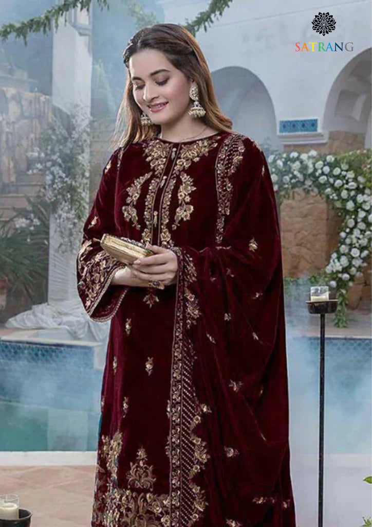 3PCS Embroidered Velvet Dress With Velvet Shawl Velvet Collection-970