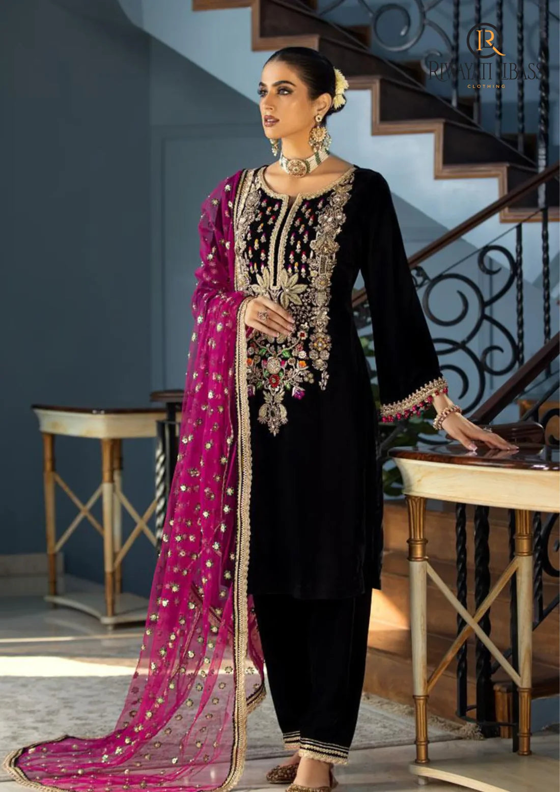 3PCS Velvet Dress With Embroidered Organza Dupatta Velvet Winter Collection 964