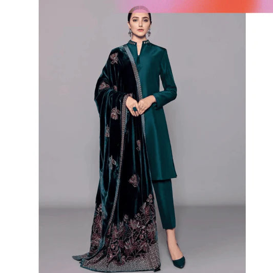 3PC Shamoz Silk Dress Embroidered Velvet Shawl Winter Collection - 982