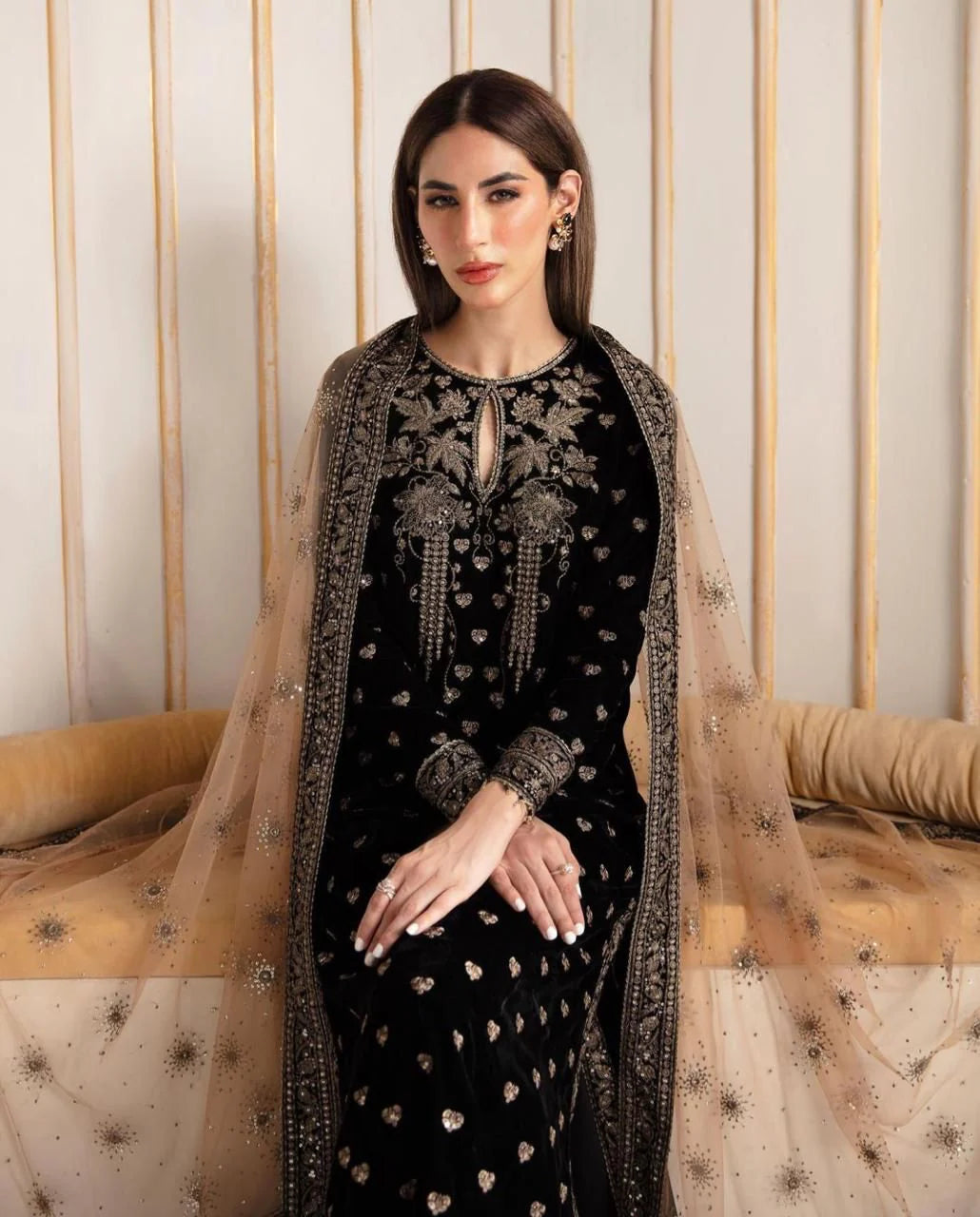 3PCS Embroidered Velvet Dress With Embroidered Organza Dupatta Velvet Winter Collection 963