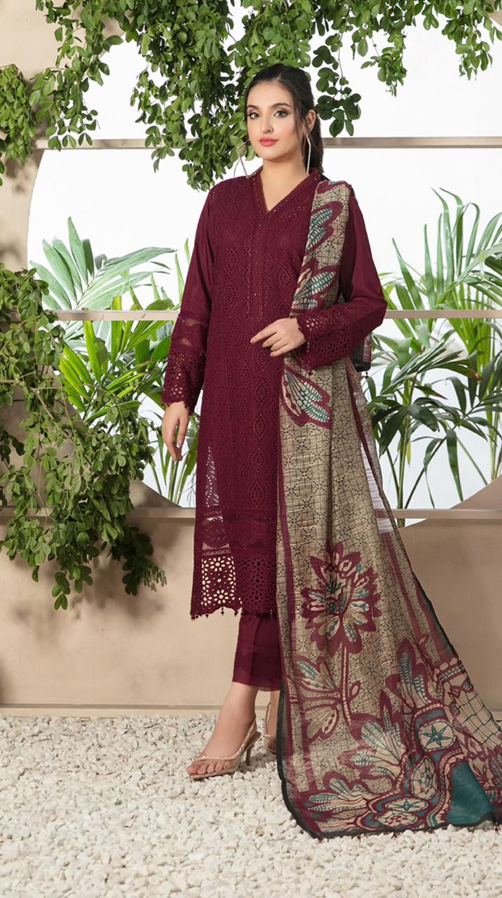 3PCS Chikenkari Mehroon Embroidered Lawn Collection D-762