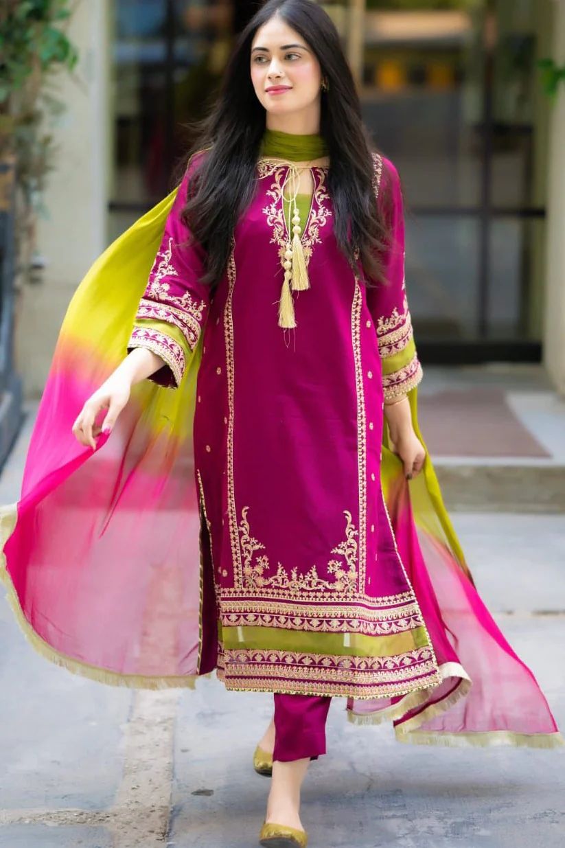 3PCS Omal By Komal Linen Embroidered With Chiffon Dye N Dye Dupatta Winter Collection ULM-1311