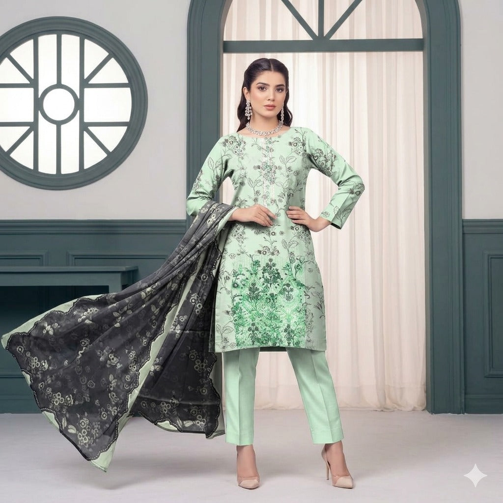 3PC Digital Printed Lawn Collection With Embroided Neck Line And Daman SC-1009