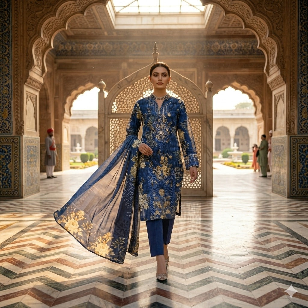 3PC Digital Printed Lawn Collection With Embroided Neck Line And Daman SC-1004