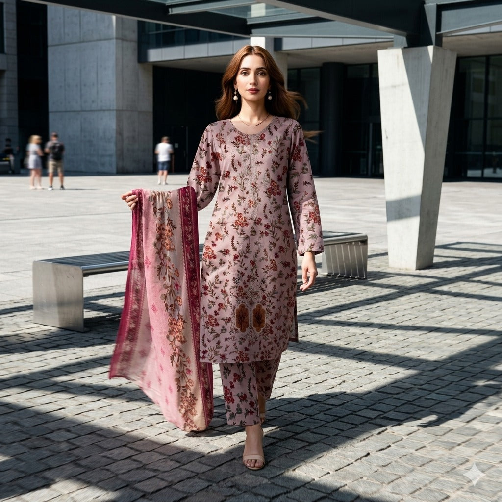 3PC Digital Printed Lawn Collection With Embroided Neck Line And Daman SC-1040