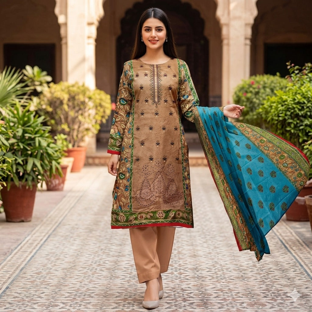 3PC Digital Printed Lawn Collection With Embroided Neck Line And Daman SC-1051
