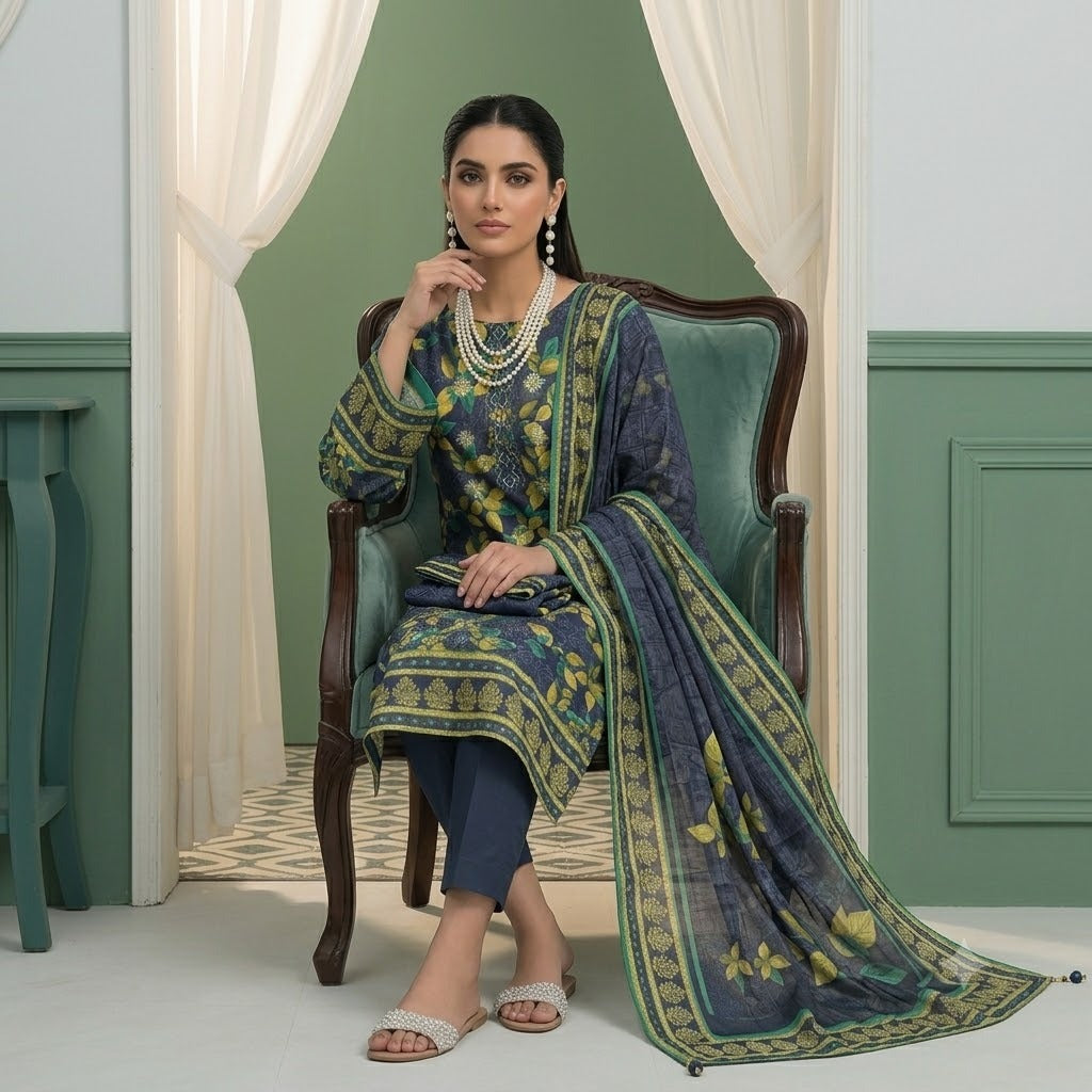 3PC Digital Printed Lawn Collection With Embroided Neck Line And Daman NSC-1073