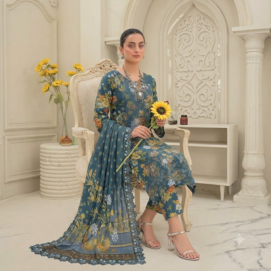 3PC Digital Printed Lawn Collection With Embroided Neck Line And Daman NSC-1081