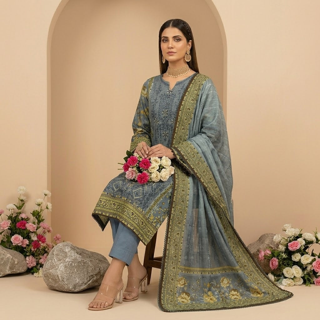 3PC Digital Printed Lawn Collection With Embroided Neck Line And Daman NSC-1082